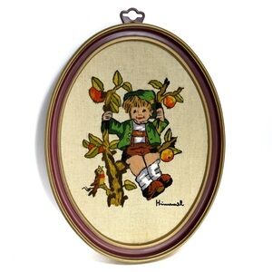 Vintage 1970s Crewel Embroidery Hummel Style Boy in Apple Tree Oval Frame